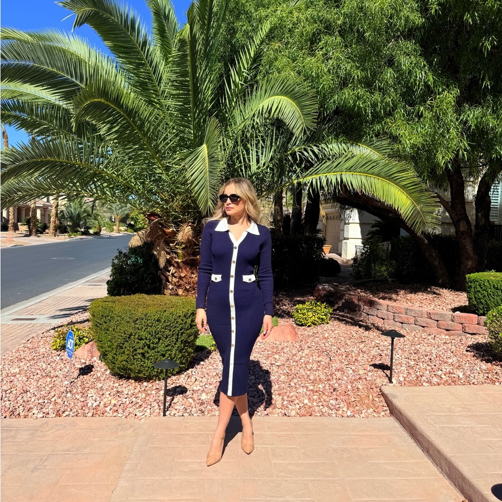 228 ‘Alex’ Elegant Navy Blue Button-Up Dress - Picture 4 of 8